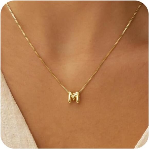 Bubble Letter M Necklaces for Women, 14K Gold Plated Letter M, Dainty Gold Trend - Picture 1 of 5